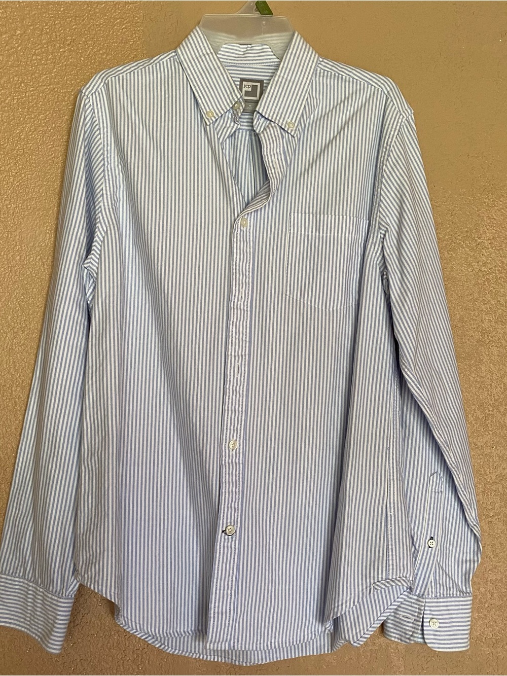 Men’s white and light blue striped dress shirt
